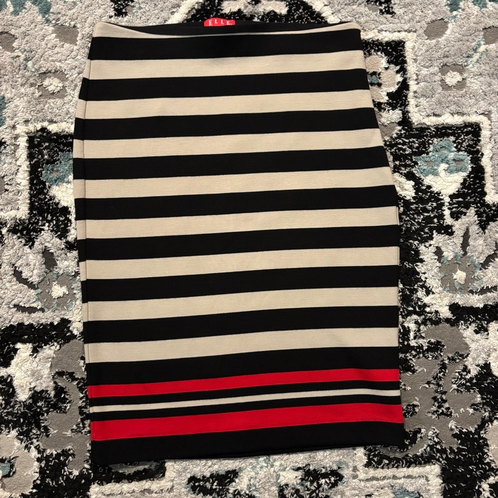 Elle Black and Cream Striped Pencil Skirt with Red Detail